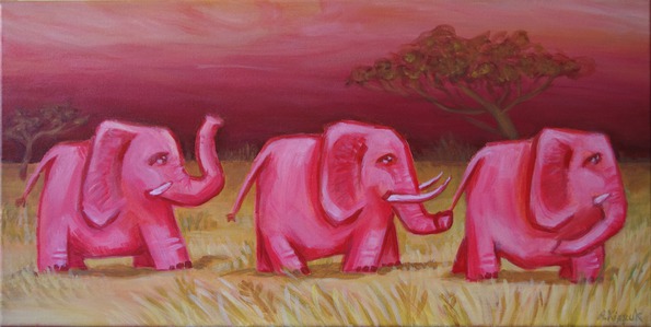 Trzy różowe słonie